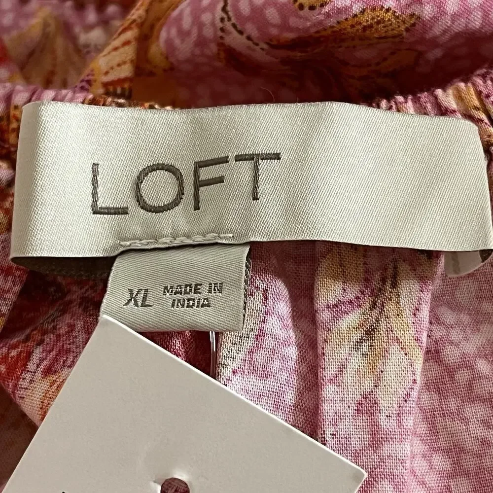 NWT LOFT Lily Blouse Top XL Gathered Waist Puff Sleeve Pink Floral Romantic $70